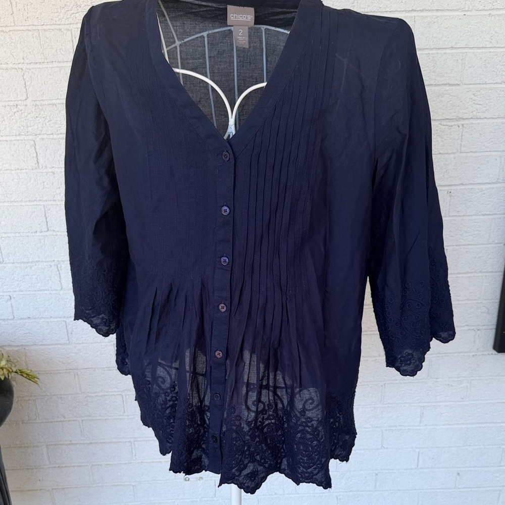 Chico's Deep Blue Lace Trim Blouse